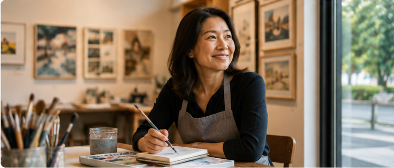 Asian woman exploring an art gallery